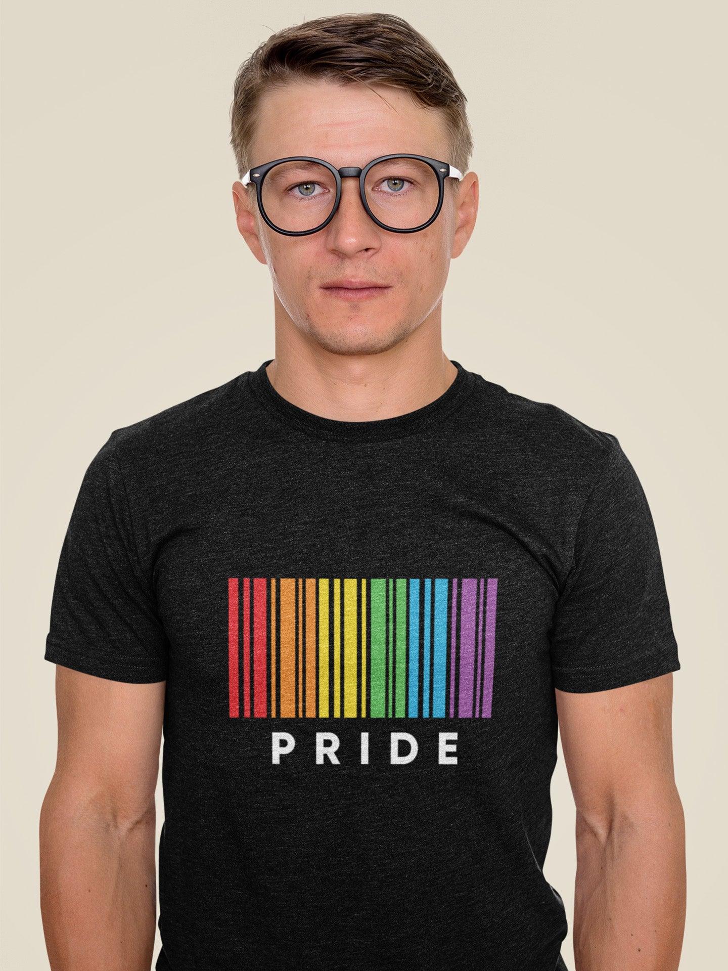 Tricou LGBT bărbați negru Hay Creations, colecția Love is Love Pride, bumbac organic premium vegan. Pride Barcode.