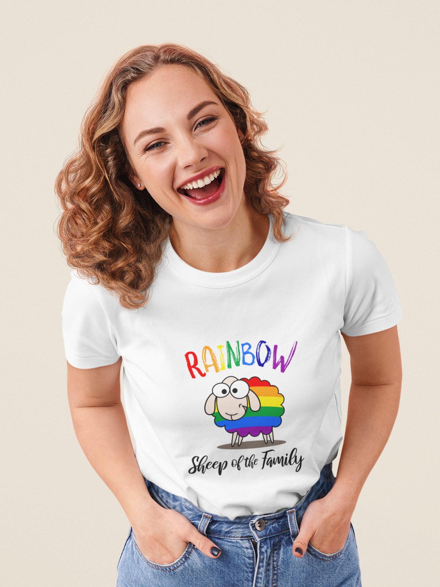 Tricou LGBT femei alb Hay Creations, colecția Love is Love Pride, bumbac organic premium vegan. "I am the rainbow sheep of the family".