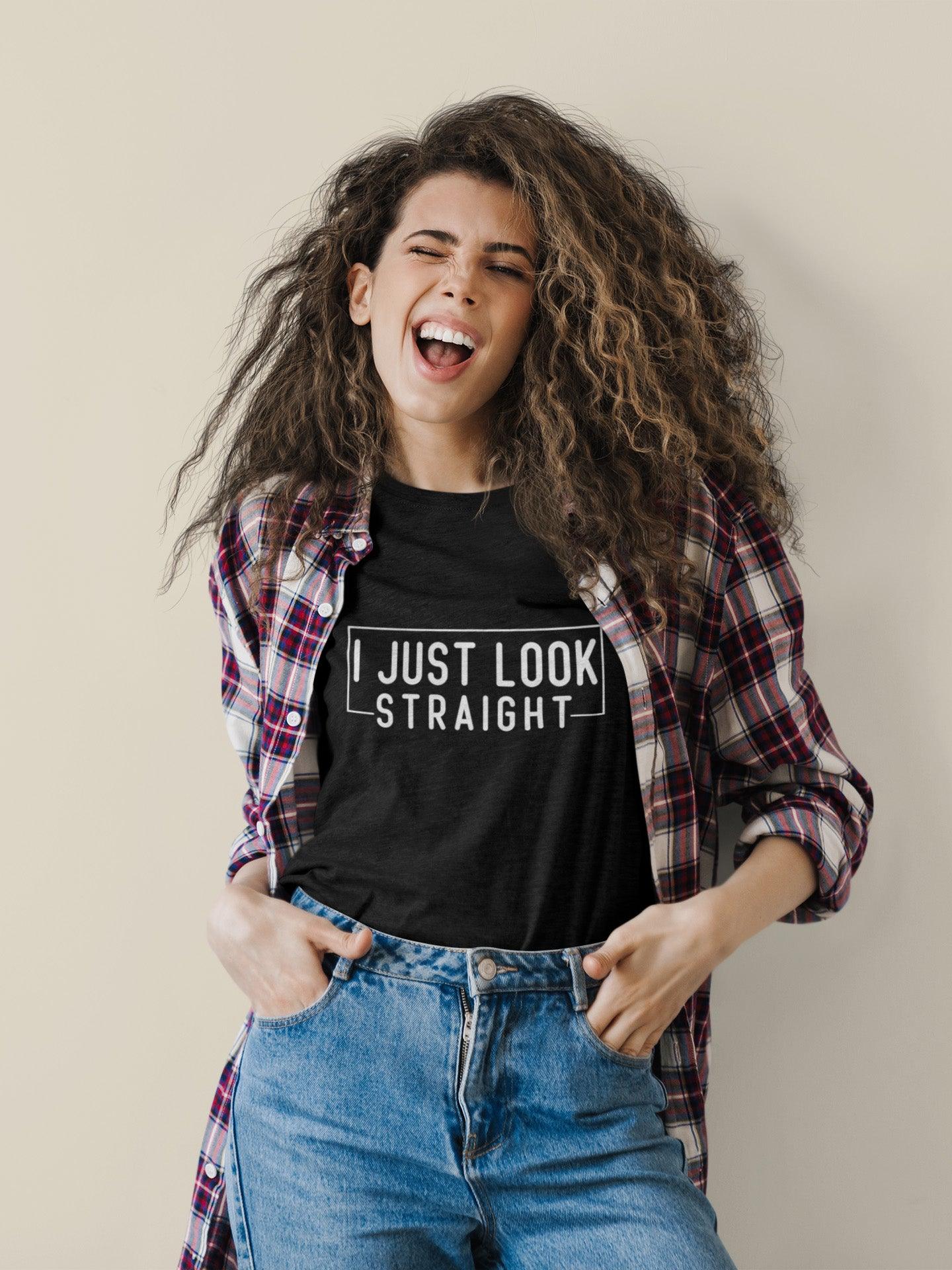 Tricou LGBT femei negru Hay Creations, colecția Love is Love Pride, bumbac organic premium vegan. "I Just Look Straight."