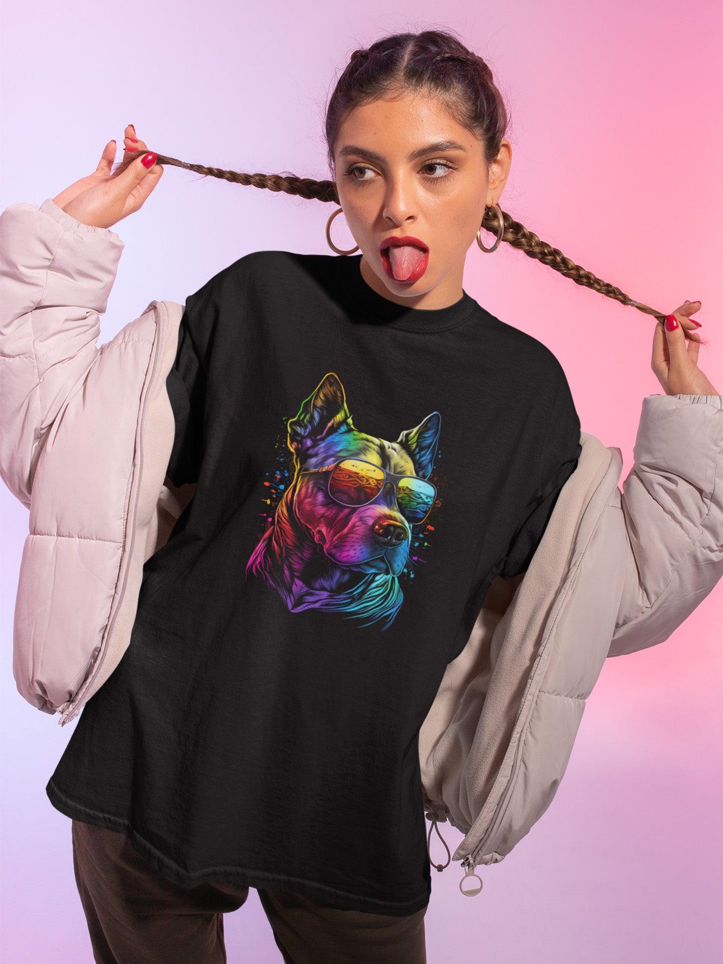 Tricou LGBT femei negru Hay Creations, colecția Love is Love Pride, bumbac organic premium vegan. Pride Dog.