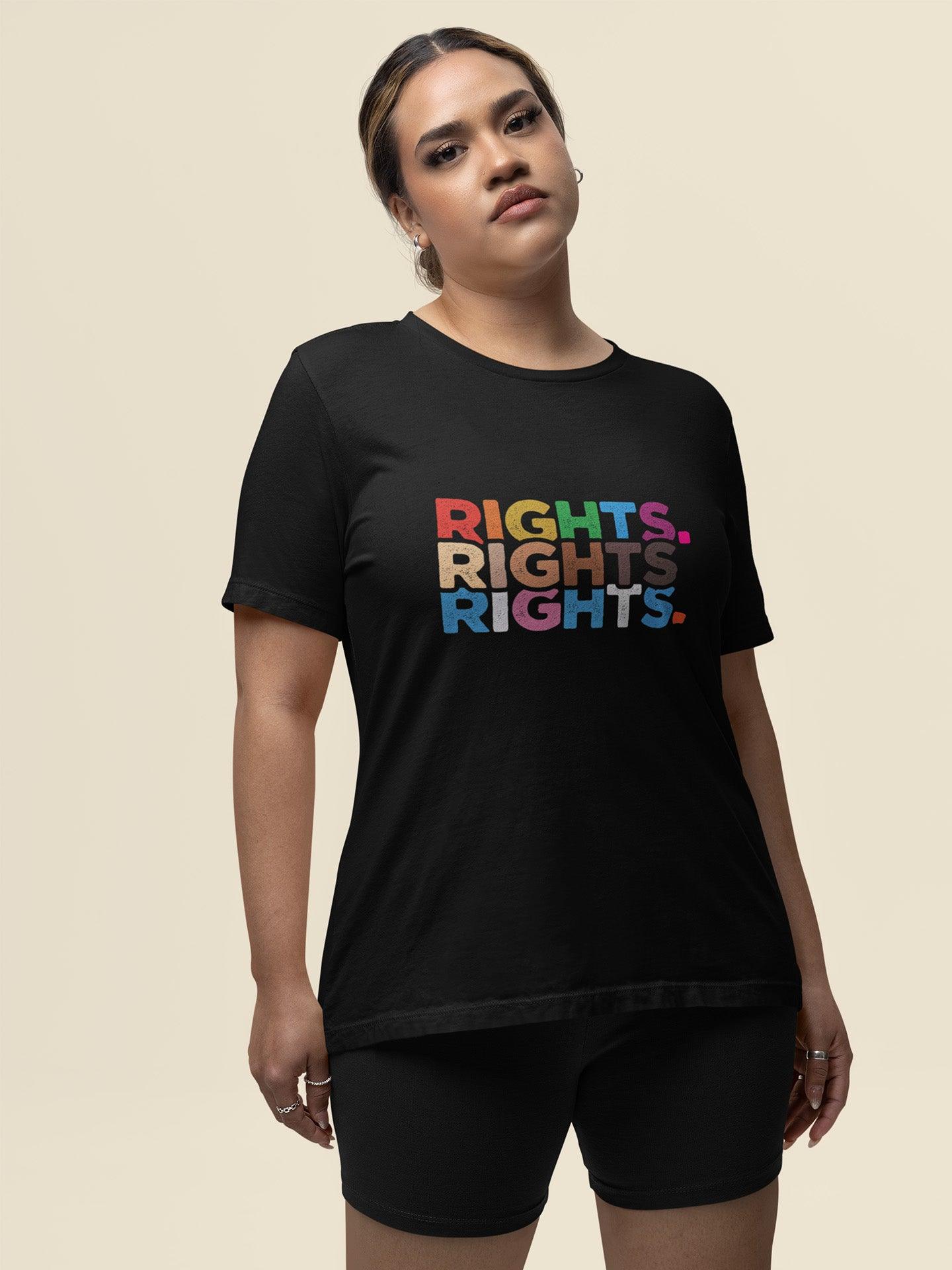 Tricou LGBT femei negru Hay Creations, colecția Love is Love Pride, bumbac organic premium vegan. Rights, human rights.
