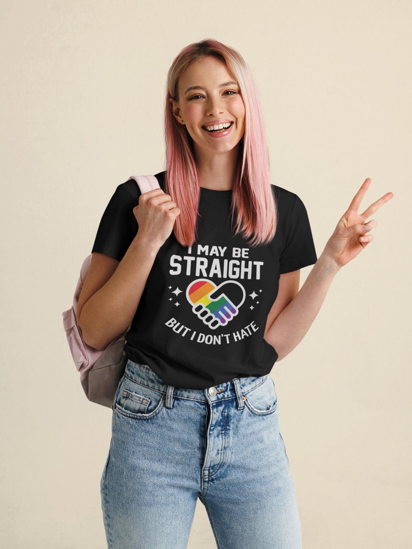 Tricou LGBT femei negru Hay Creations, colecția Love is Love Pride, bumbac organic premium vegan. "I May Be Straight But I Don't Hate"