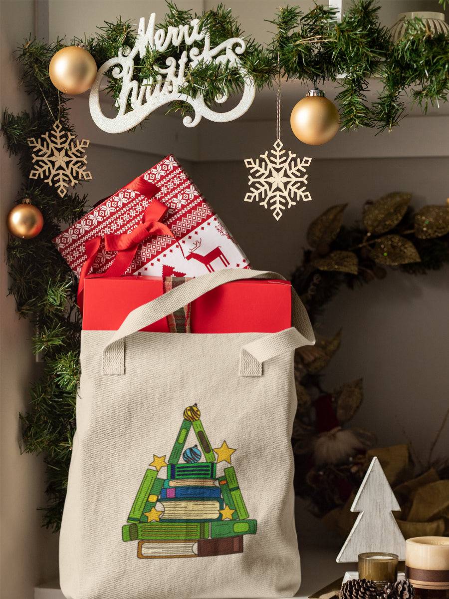 sacosa_textila_bumbac_organic_premium_vegan_cadou_Craciun_Secret_Santa_hay_creations_bej_christmas_book_tree