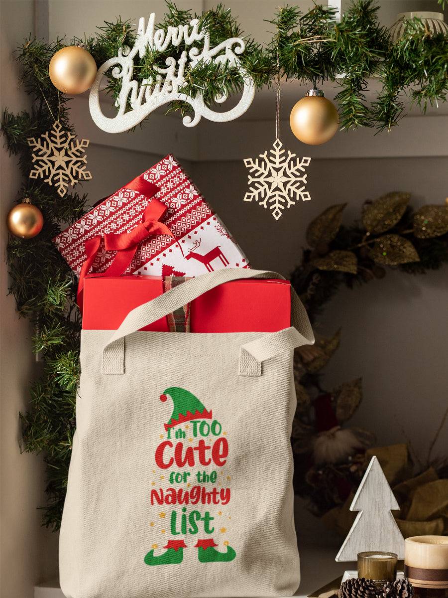 sacosa_textila_bumbac_organic_premium_vegan_cadou_Craciun_Secret_Santa_too_cute_for_the_naughty_list_bej