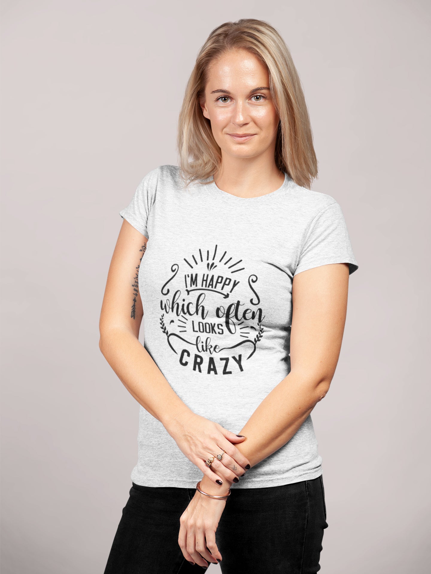 Tricou bumbac organic premium vegan hay creations I'M HAPPY WHICH OFTEN LOOKS LIKE CRAZY