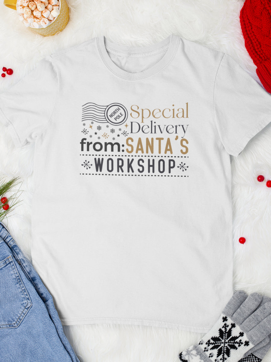 tricou_bumbac_organic_premium_vegan_cadou_Craciun_Secret_Santa_barbati_unisex_alb_special_delivery_from_santa_workshop
