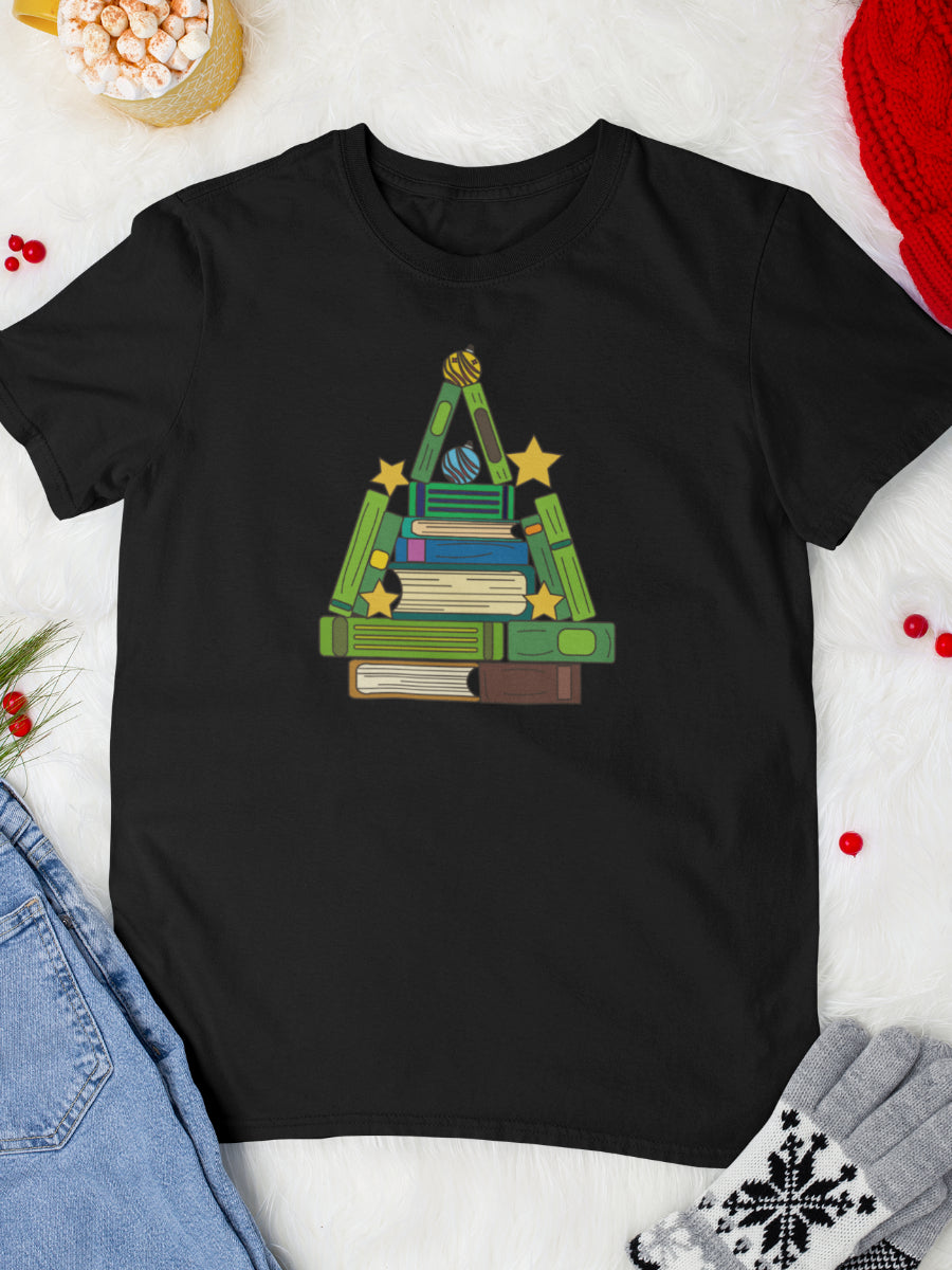 tricou_bumbac_organic_premium_vegan_cadou_Craciun_Secret_Santa_barbati_unisex_negru_christmas_book_tree