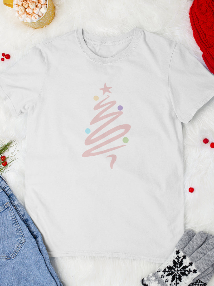 tricou_bumbac_organic_premium_vegan_cadou_Craciun_Secret_Santa_boho_christmas_tree_barbati_unisex_alb_design_roz