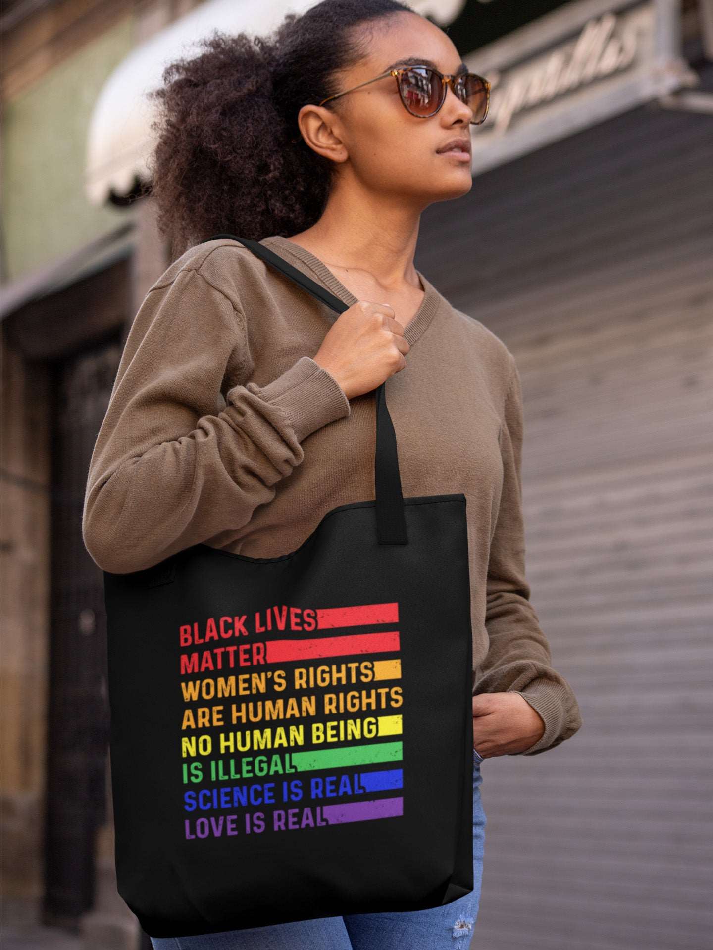 Sacosa textila bumbac organic vegan pride hay creations NO HUMAN IS ILLEGAL