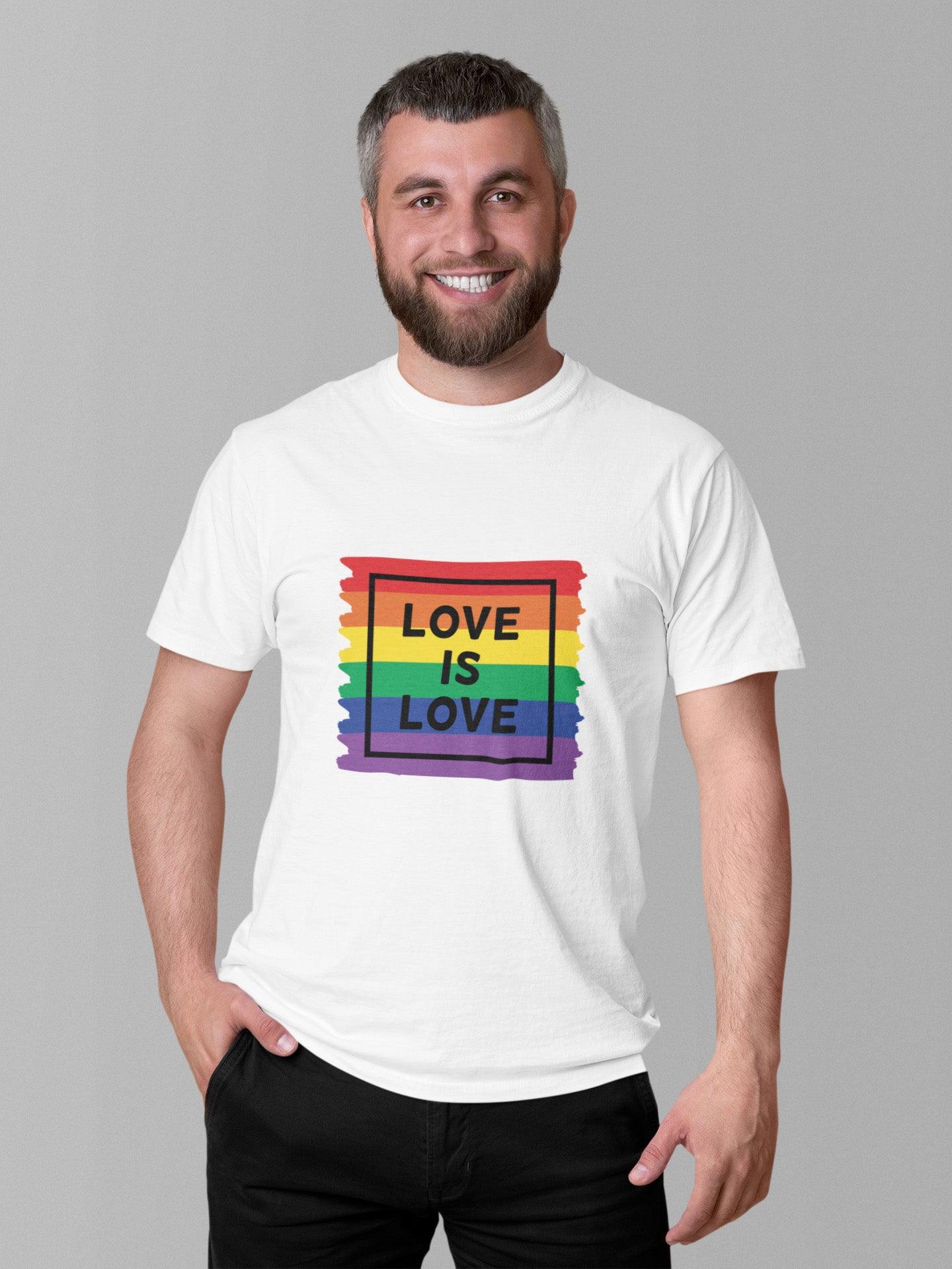 Tricou LGBT bărbați alb Hay Creations, colecția Love is Love Pride, bumbac organic premium vegan. "Love is Love."