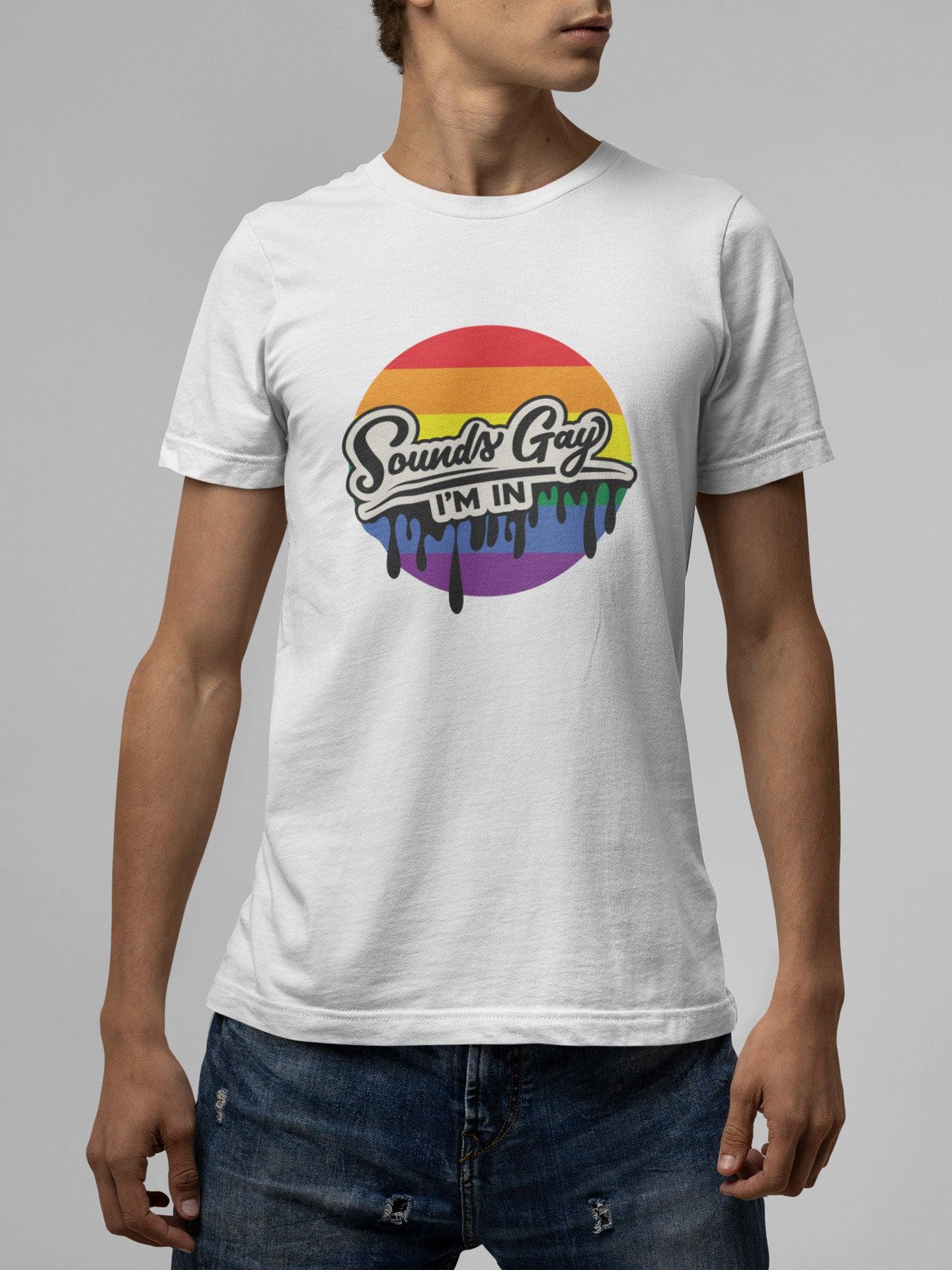 Tricou LGBT bărbați alb Hay Creations, colecția Love is Love Pride, bumbac organic premium vegan. "Sounds Gay, I'm In!"