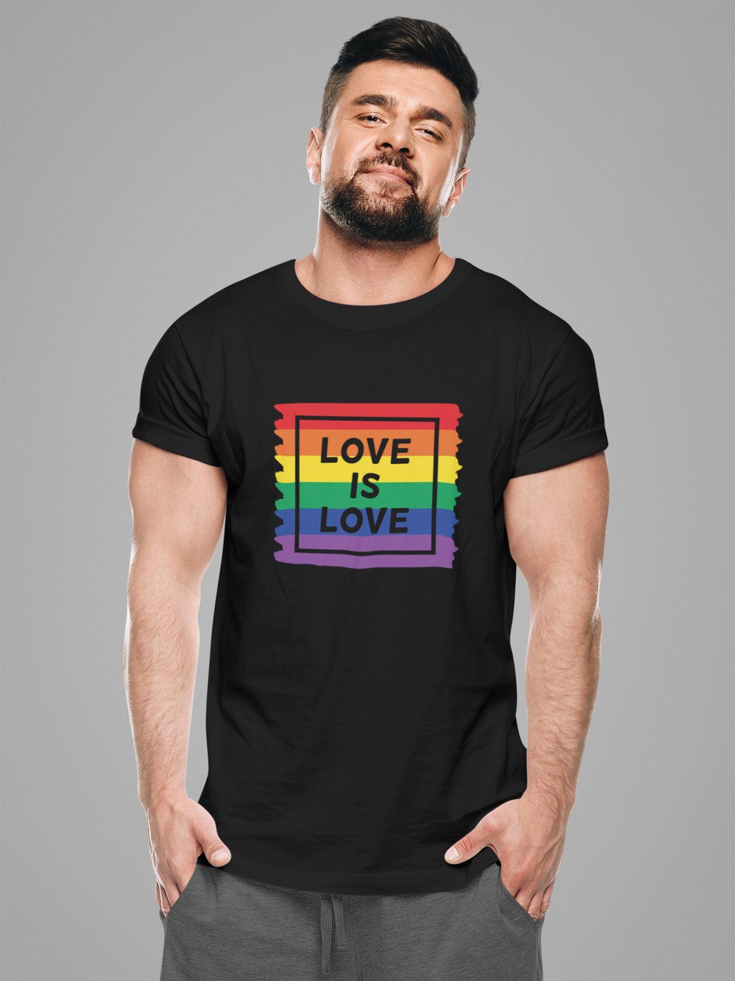 Tricou LGBT bărbați negru Hay Creations, colecția Love is Love Pride, bumbac organic premium vegan. "Love is Love."