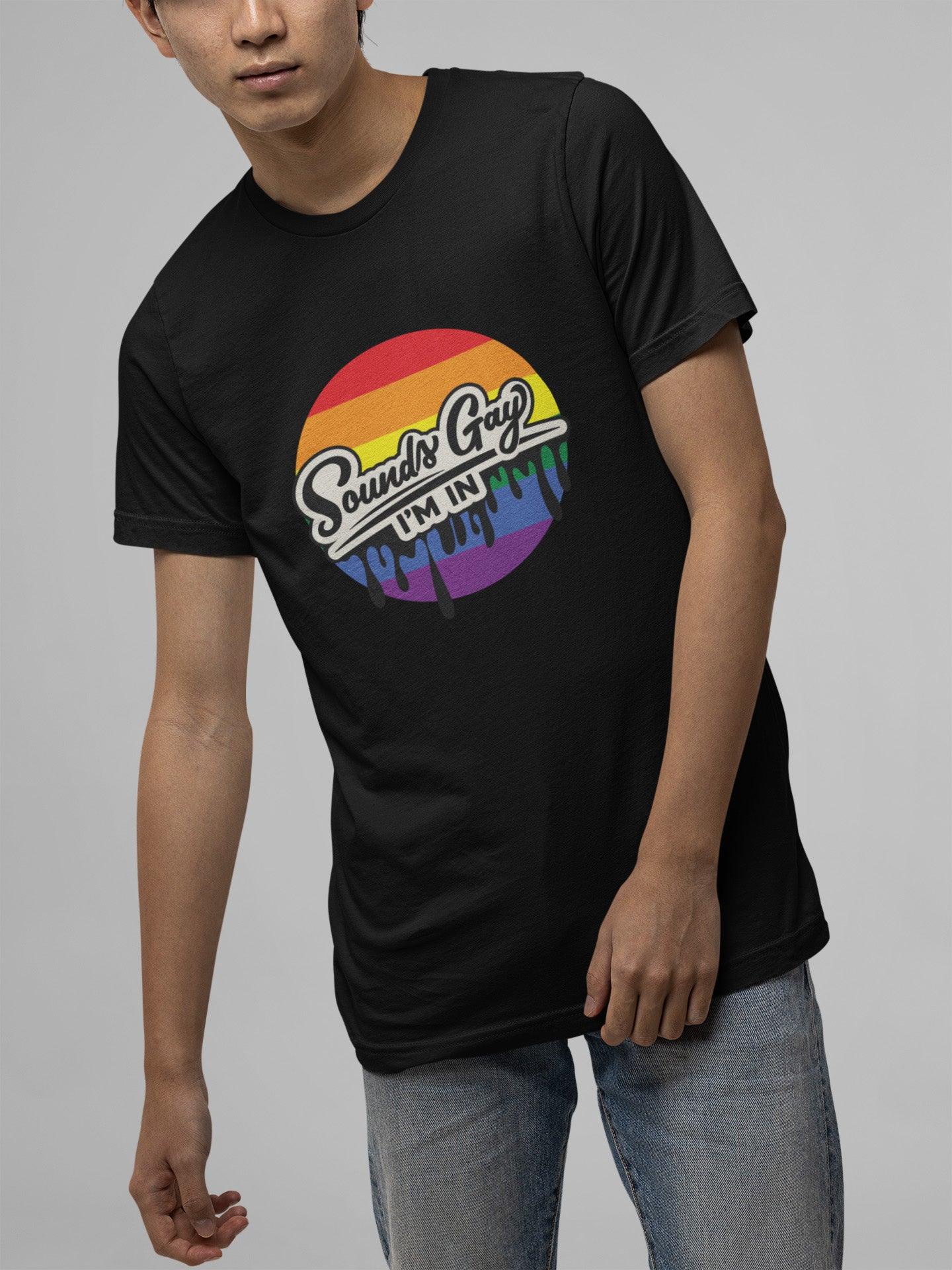 Tricou LGBT bărbați negru Hay Creations, colecția Love is Love Pride, bumbac organic premium vegan. "Sounds Gay, I'm In!"