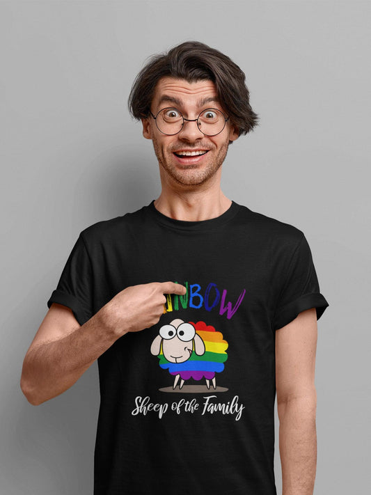 Tricou LGBT bărbați negru Hay Creations, colecția Love is Love Pride, bumbac organic premium vegan. "I am the rainbow sheep of the family".