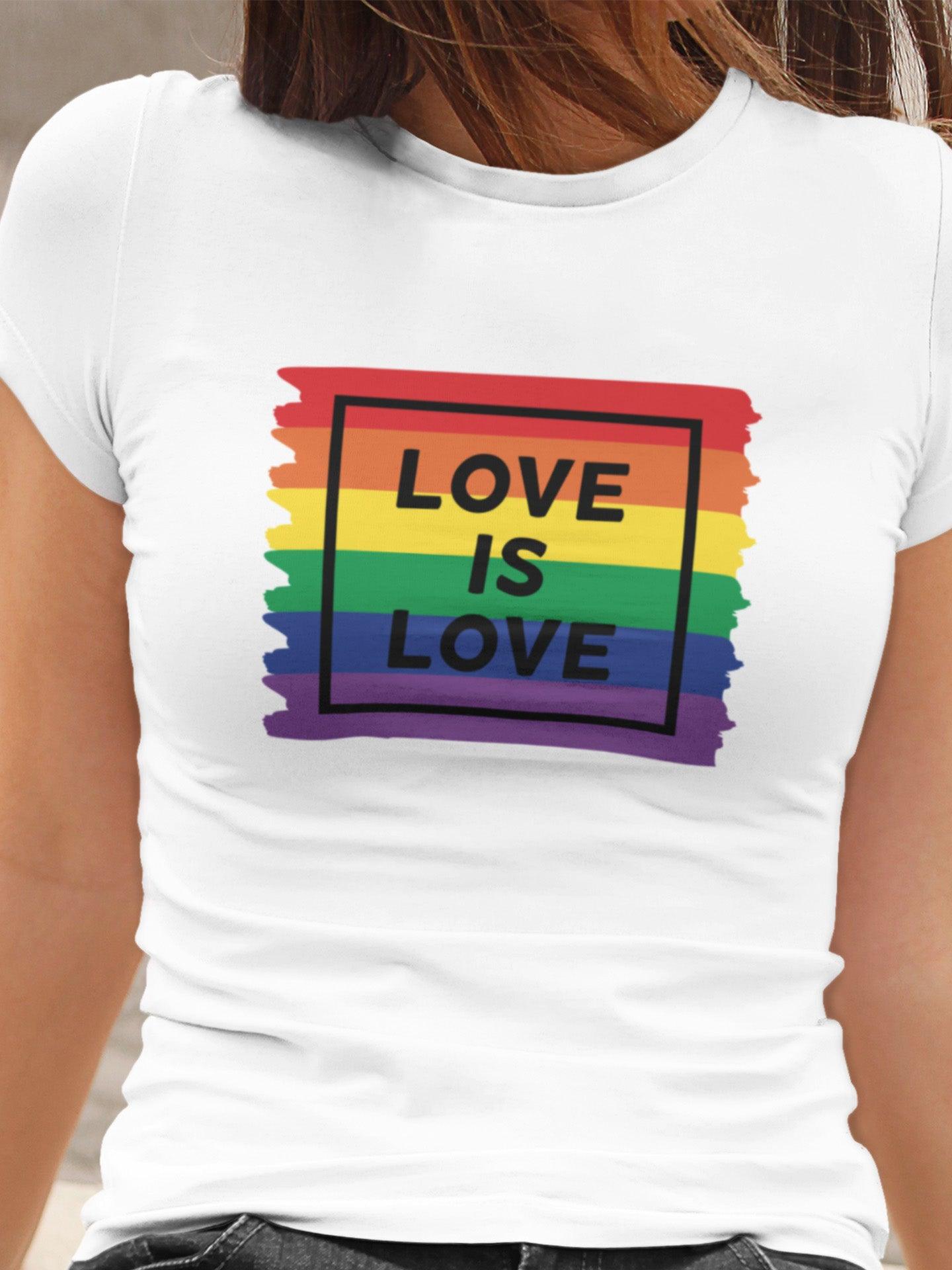Tricou LGBT femei alb Hay Creations, colecția Love is Love Pride, bumbac organic premium vegan. "Love is Love."