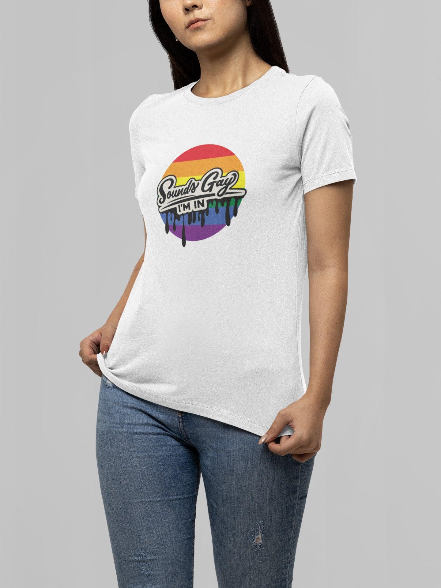 Tricou LGBT femei alb Hay Creations, colecția Love is Love Pride, bumbac organic premium vegan. "Sounds Gay, I'm In!"