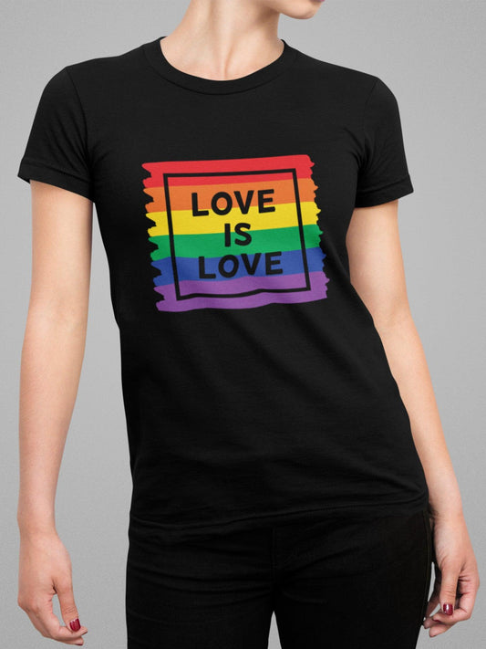 Tricou LGBT femei negru Hay Creations, colecția Love is Love Pride, bumbac organic premium vegan. "Love is Love."