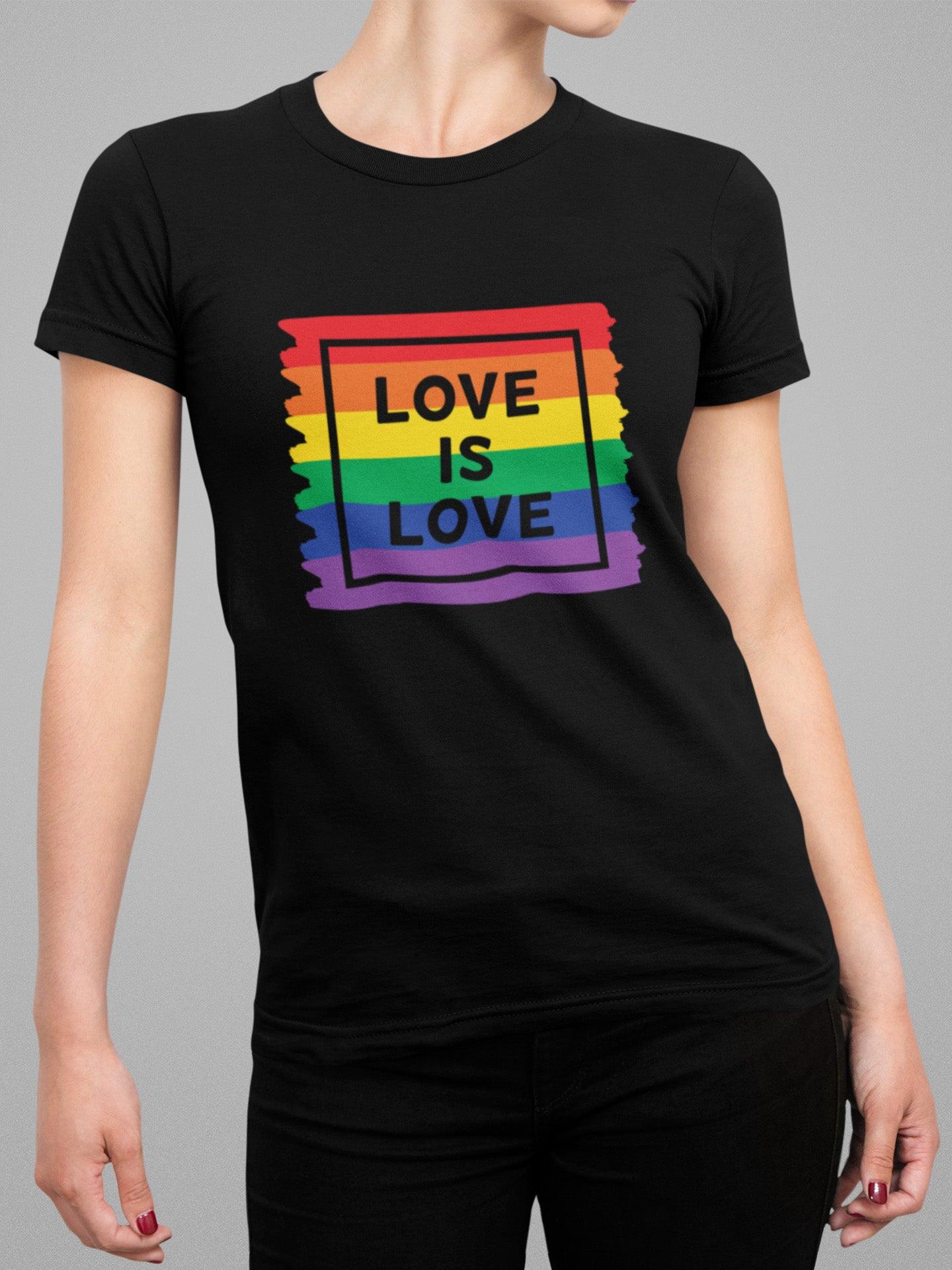 Tricou LGBT femei negru Hay Creations, colecția Love is Love Pride, bumbac organic premium vegan. "Love is Love."
