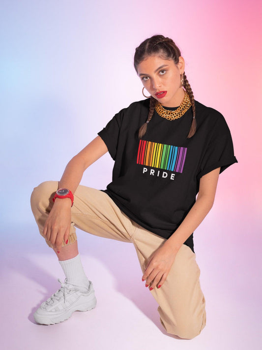  Tricou LGBT femei negru Hay Creations, colecția Love is Love Pride, bumbac organic premium vegan. Pride Barcode.