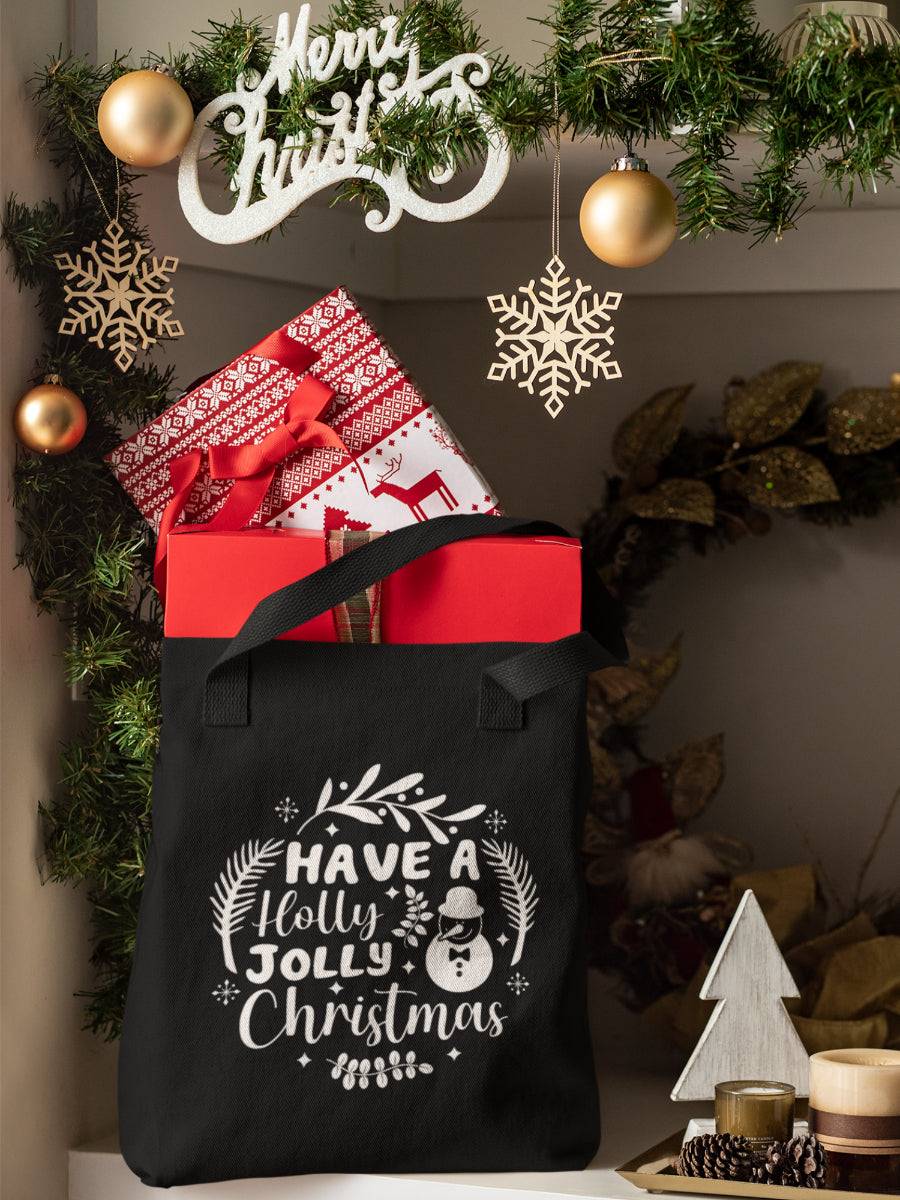 sacosa_textila_neagra_bumbac_organic_premium_vegan_cadou_Craciun_Secret_Santa_have-a-holly-jolly-Christmas-neagra