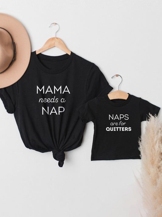 set_tricouri-mama-copil-fiica-fiu-fata-baiat-bumbac-organic-premium-vegan-hay-creations-colectia-mom-life-mama-needs-a-nap-naps-are-for-quitters-negre