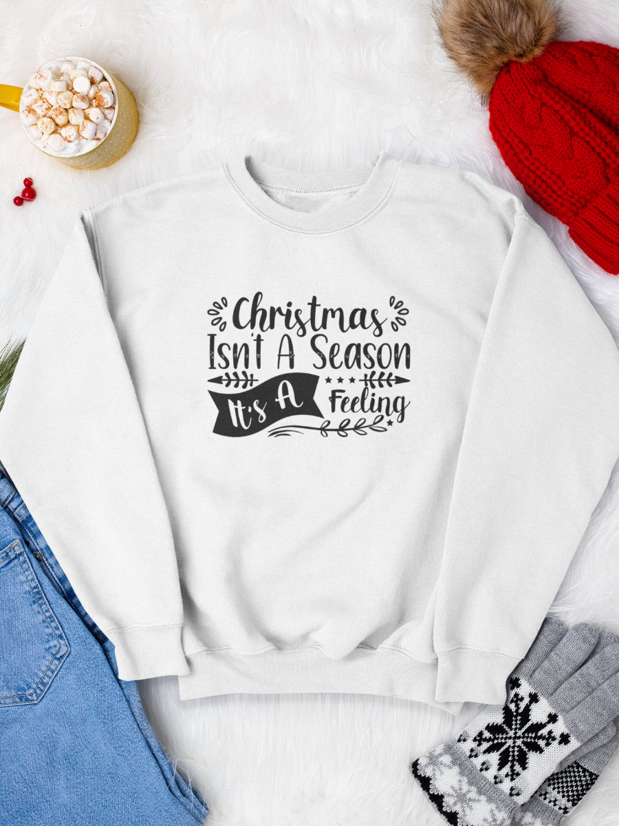 sweatshirt_bumbac_organic_premium_vegan_cadou_Craciun_Secret_Santa_Christmas-isnt-a-season-its-a-feeling-alb_bluza_craciun