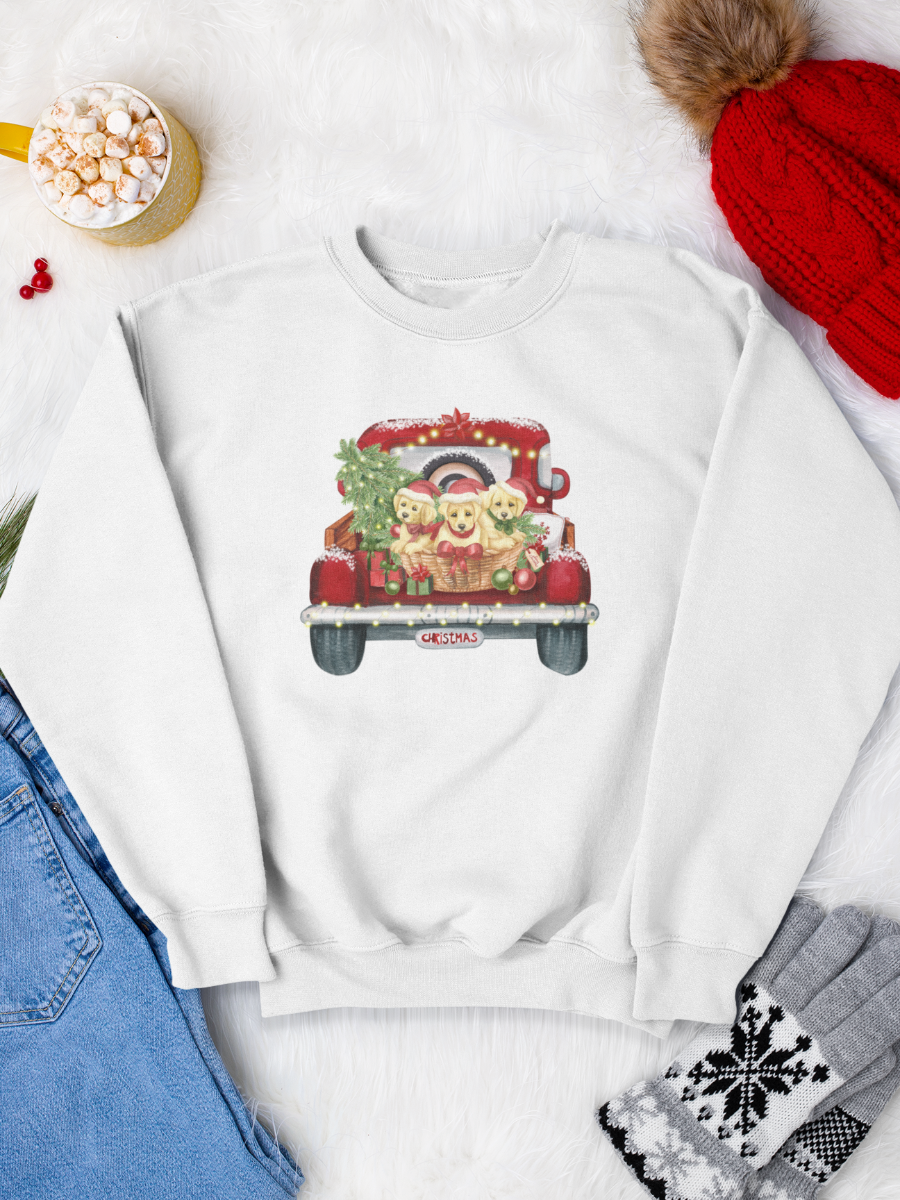     sweatshirt_bumbac_organic_premium_vegan_cadou_Craciun_Secret_Santa_christmas_puppy_Delivery_catelusi_alb_bluza_craciun