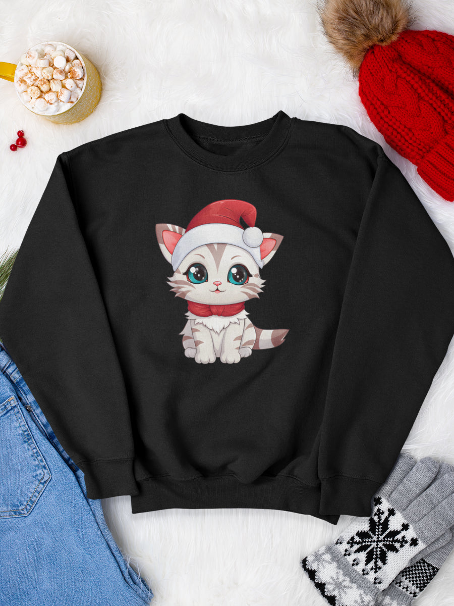 sweatshirt_bumbac_organic_premium_vegan_cadou_Craciun_Secret_Santa_kitty-negru_bluza_craciun