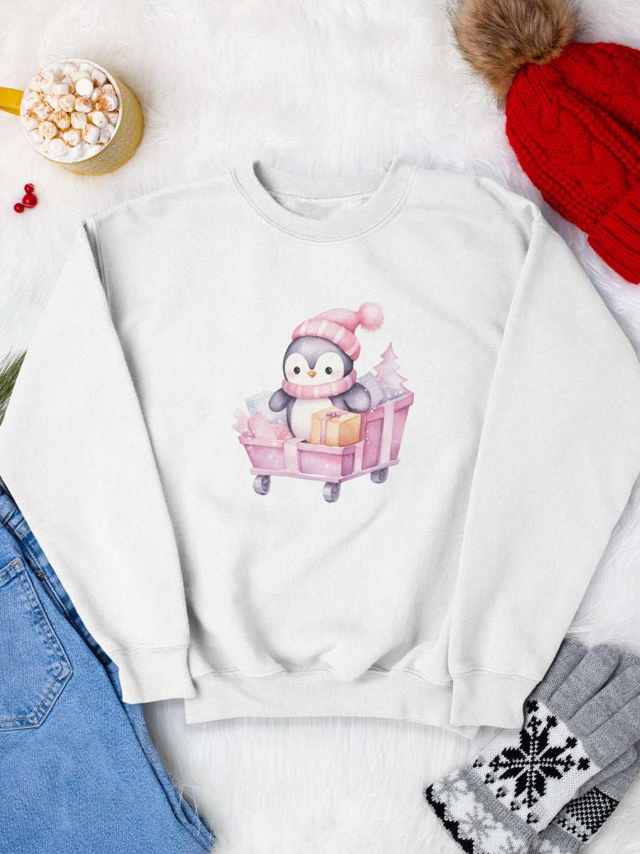     sweatshirt_bumbac_organic_premium_vegan_cadou_Craciun_Secret_Santa_pink-penguin-alb_bluza_craciun