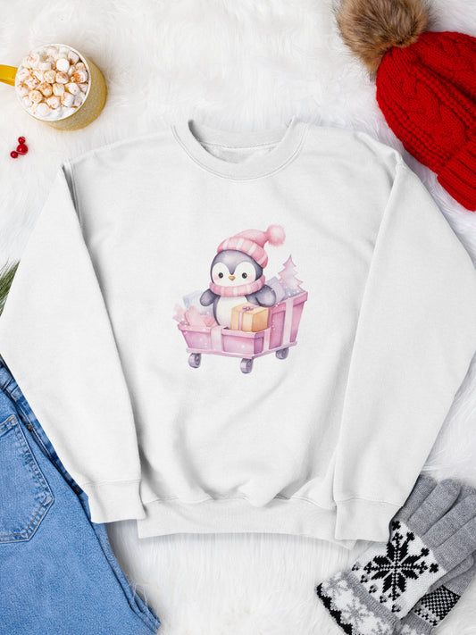     sweatshirt_bumbac_organic_premium_vegan_cadou_Craciun_Secret_Santa_pink-penguin-alb_bluza_craciun
