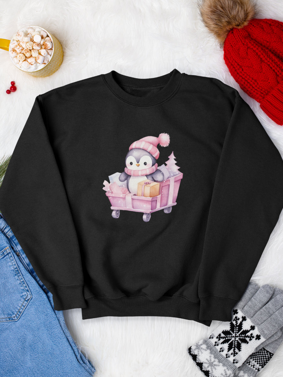    sweatshirt_bumbac_organic_premium_vegan_cadou_Craciun_Secret_Santa_pink-penguin-negru_bluza_craciun