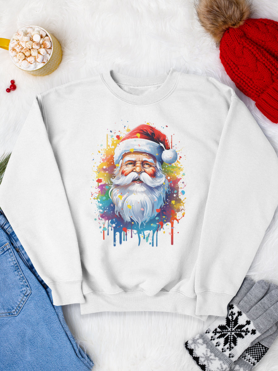 sweatshirt_bumbac_organic_premium_vegan_cadou_Craciun_Secret_Santa_rainbow_santa_Alb_bluza_craciun