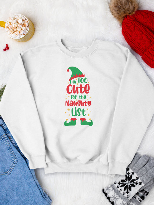     sweatshirt_bumbac_organic_premium_vegan_cadou_Craciun_Secret_Santa_too_cute_for_the_naughty_list_alb_bluza_craciun