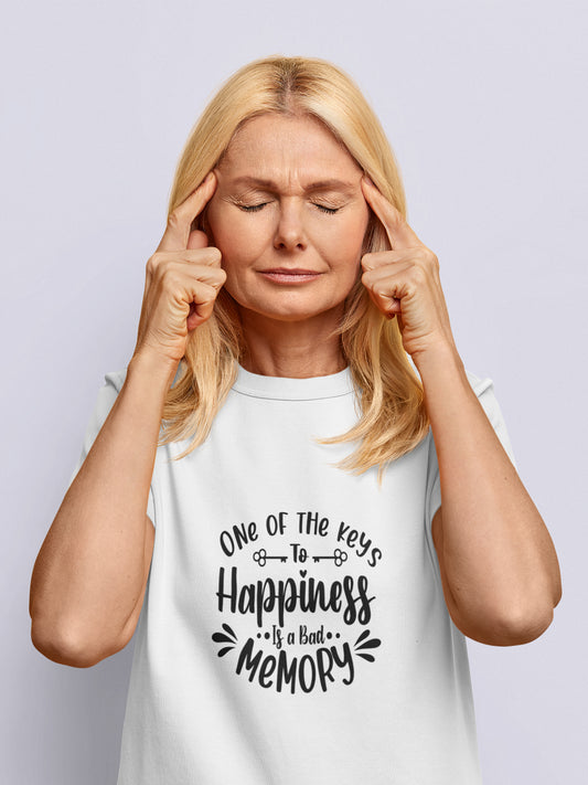 tricou bumbac premium organic vegan pentru femei cu mesajul ONE OF THE KEYS TO HAPPINESS IS A BAD MEMORY