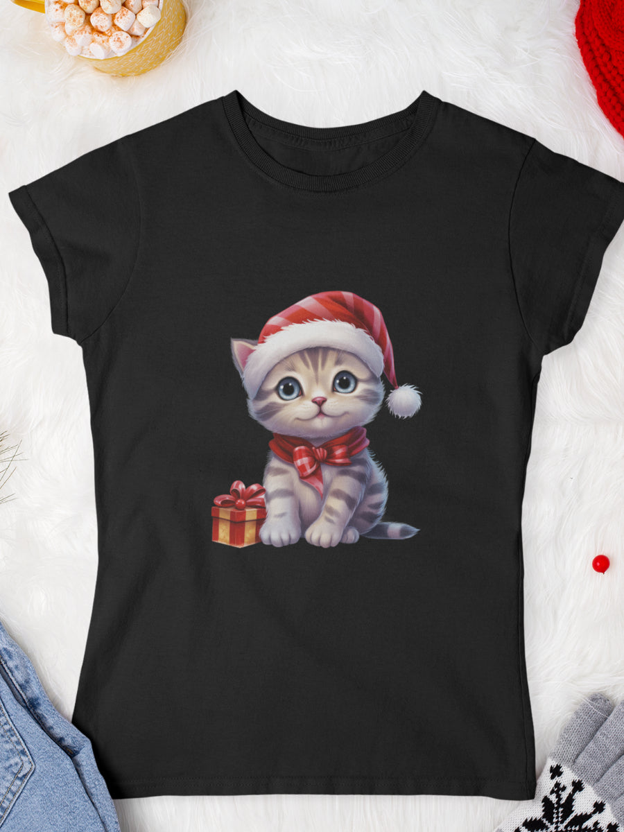 tricou_Craciun_pisici_pisica_bumbac_organic_femei_HAY_Creations_cadou-Santa_s-Furry-Little-Gift-negru