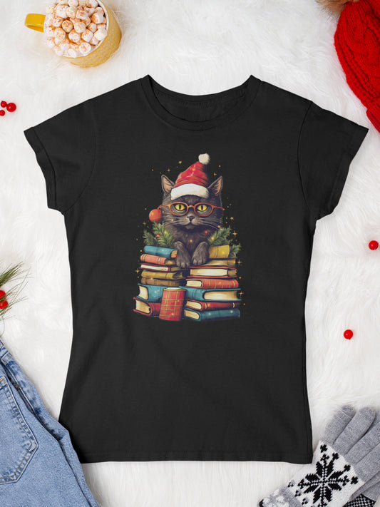 tricou_Craciun_pisici_pisica_bumbac_organic_femei_HAY_Creations_cadou_Bookworm_Cat-negru