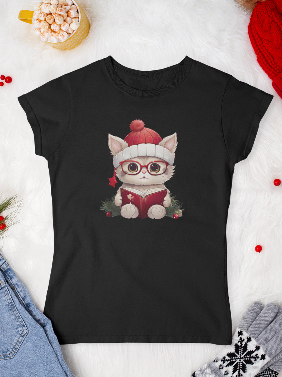    tricou_Craciun_pisici_pisica_bumbac_organic_femei_HAY_Creations_cadou_Cozy_Reads-negru