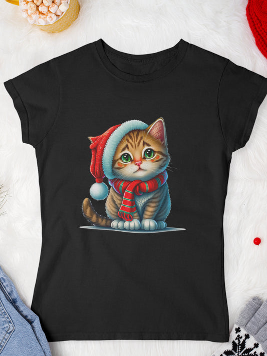     tricou_Craciun_pisici_pisica_bumbac_organic_femei_HAY_Creations_cadou_begger-cat-negru
