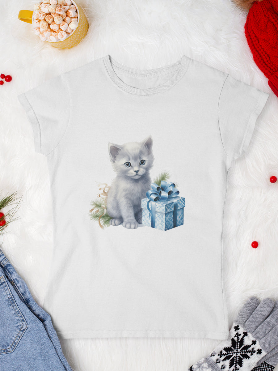 tricou_Craciun_pisici_pisica_bumbac_organic_femei_HAY_Creations_cadou_blue-cat-alb