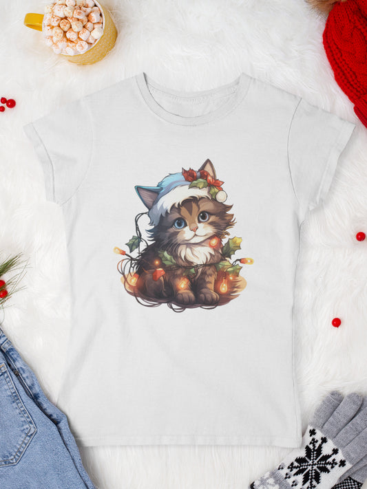 tricou_Craciun_pisici_pisica_bumbac_organic_femei_HAY_Creations_cadou_blue-hat-cat-alb