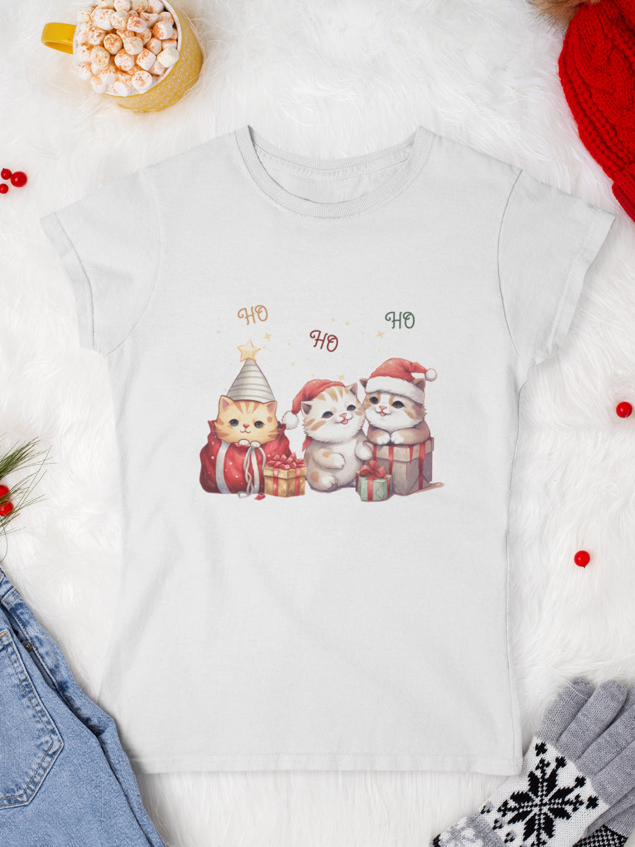 tricou_Craciun_pisici_pisica_bumbac_organic_femei_HAY_Creations_cadou_ho-ho-ho-kittens-alb