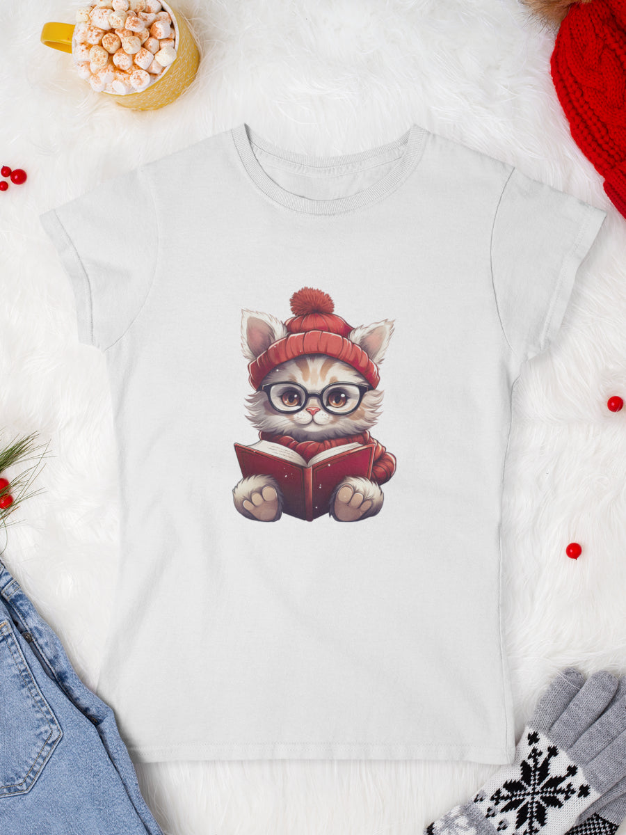       tricou_Craciun_pisici_pisica_bumbac_organic_femei_HAY_Creations_cadou_paws-and-pages-alb