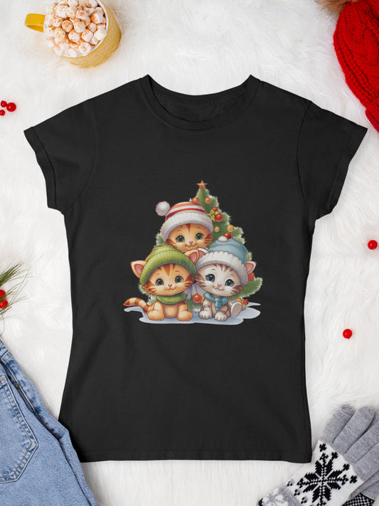 tricou_Craciun_pisici_pisica_bumbac_organic_femei_HAY_Creations_cadou_three-kittens-in-the-cold-negru