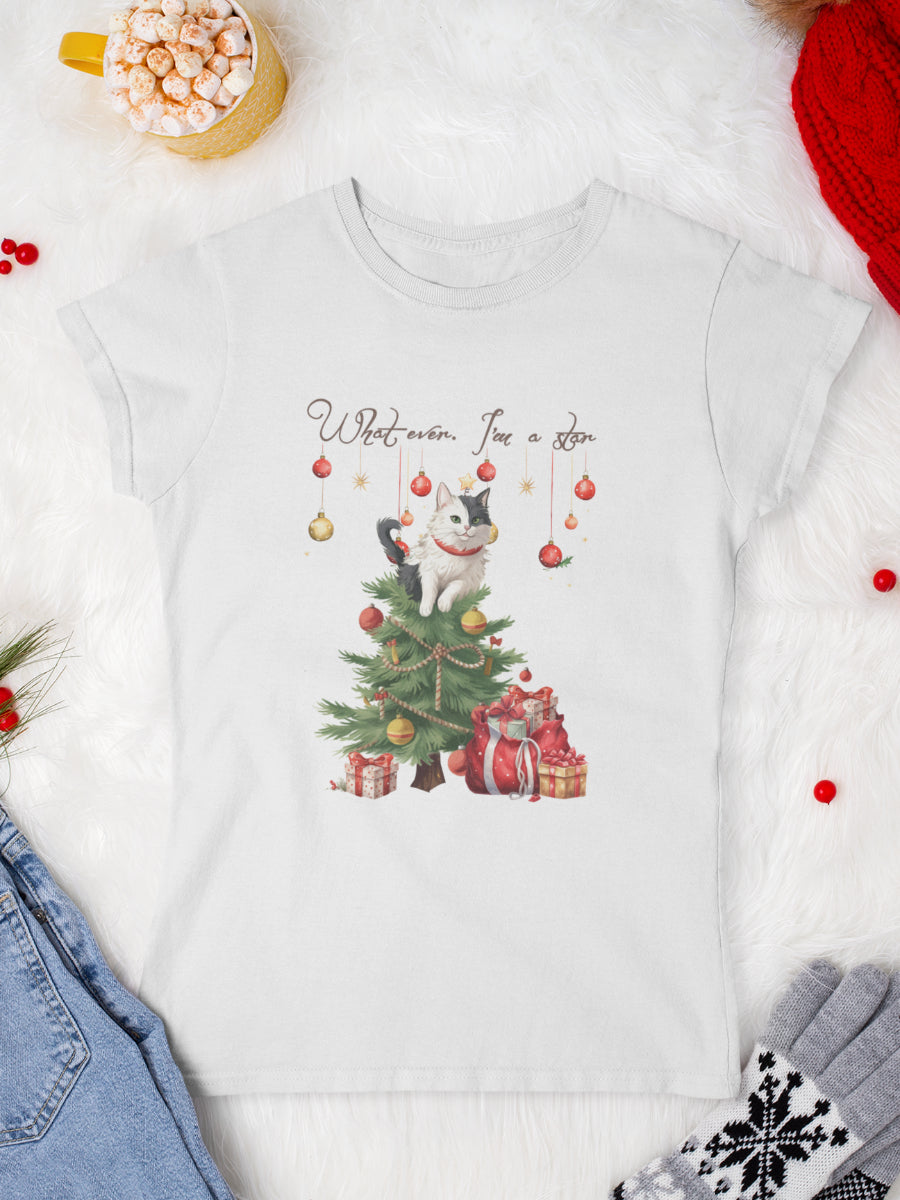    tricou_Craciun_pisici_pisica_bumbac_organic_femei_HAY_Creations_cadou_whatever-im-a-star-alb