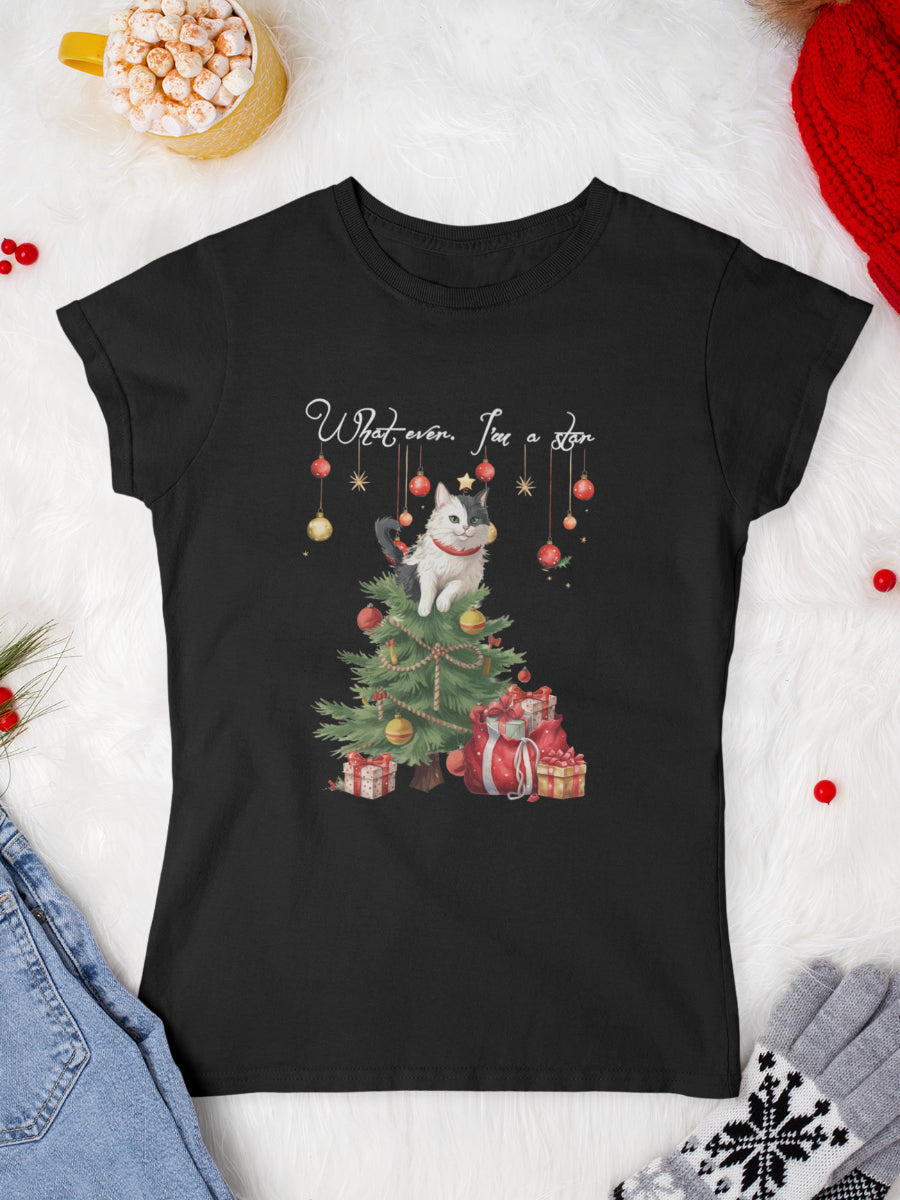    tricou_Craciun_pisici_pisica_bumbac_organic_femei_HAY_Creations_cadou_whatever-im-a-star-negru