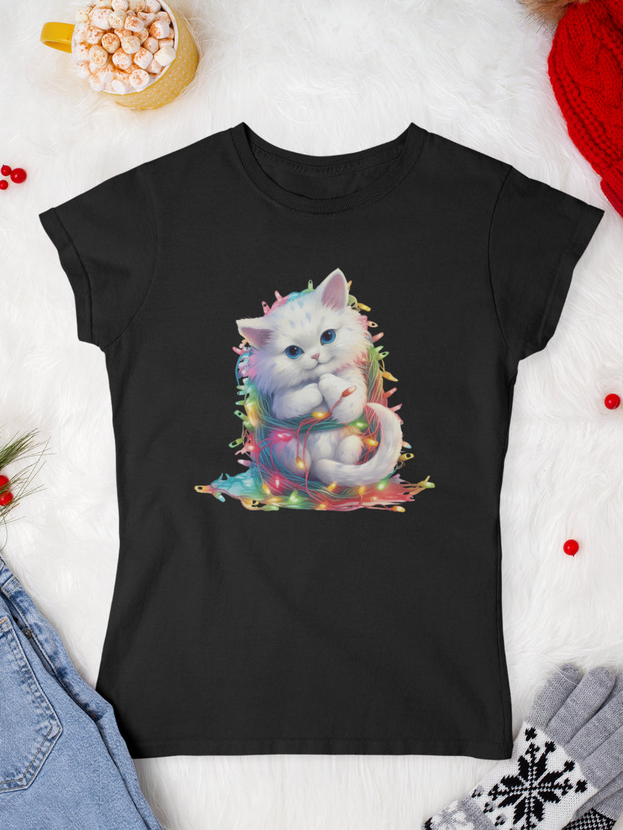 tricou_Craciun_pisici_pisica_bumbac_organic_femei_HAY_Creations_cadou_white-kitty-negru