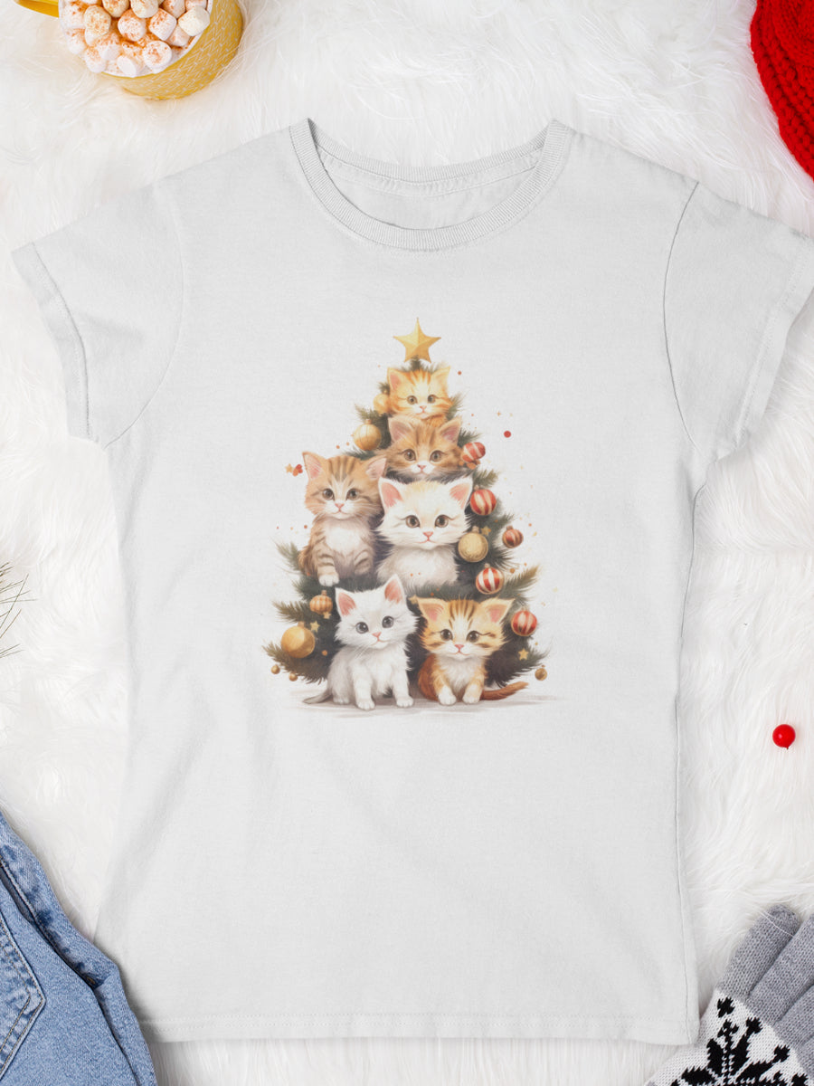 tricou_Craciun_pisici_pisica_bumbac_organic_femei_HAY_Creations_cadou_xmas-kitty-pyramid-alb