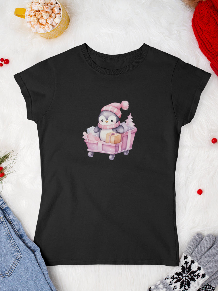     tricou_bumbac_organic_premium_vegan_cadou_Craciun_Secret_Santa-pink-penguin-negru-femei
