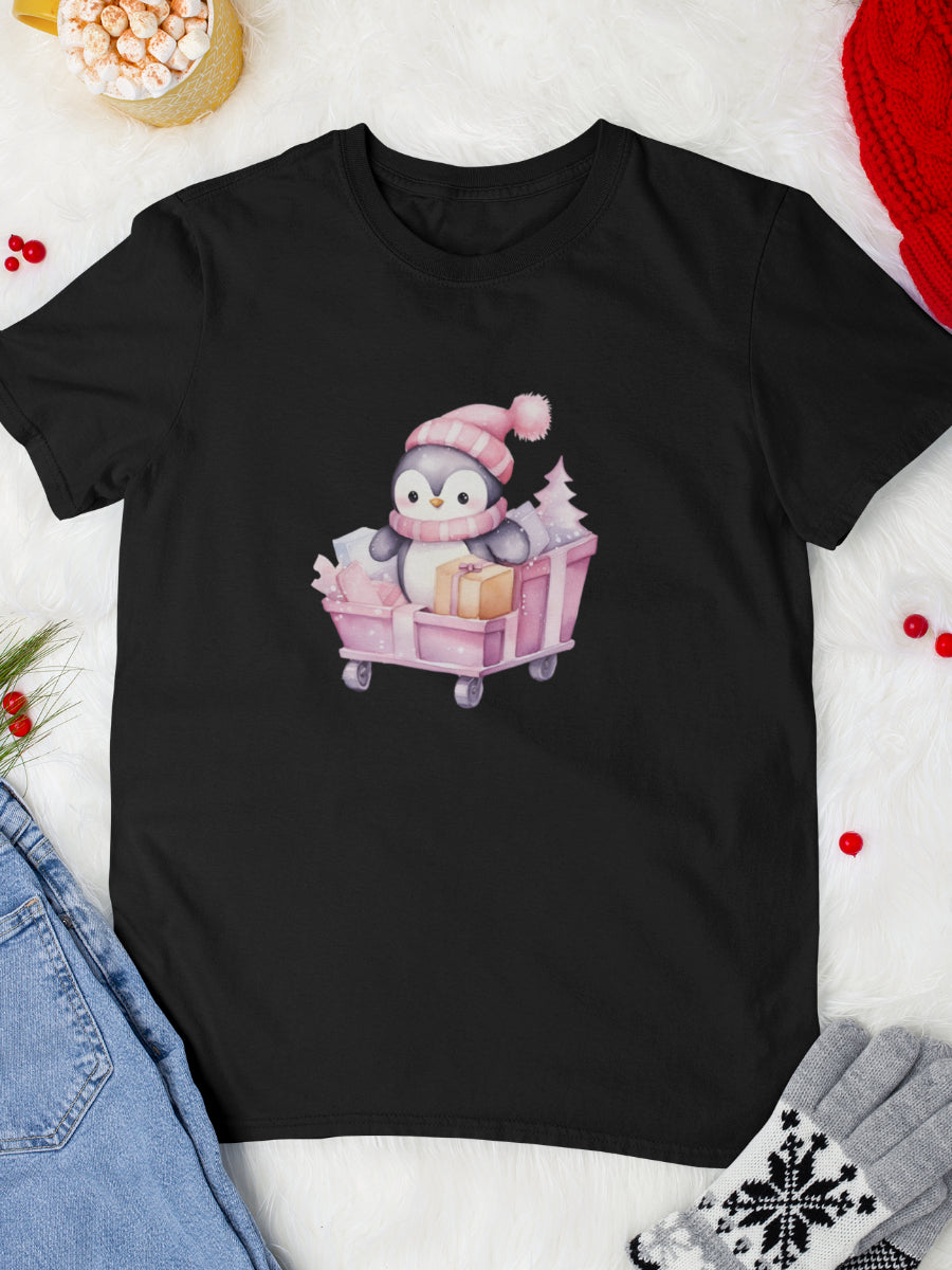   tricou_bumbac_organic_premium_vegan_cadou_Craciun_Secret_Santa_-negru-unisex-barbati-pink-penguin