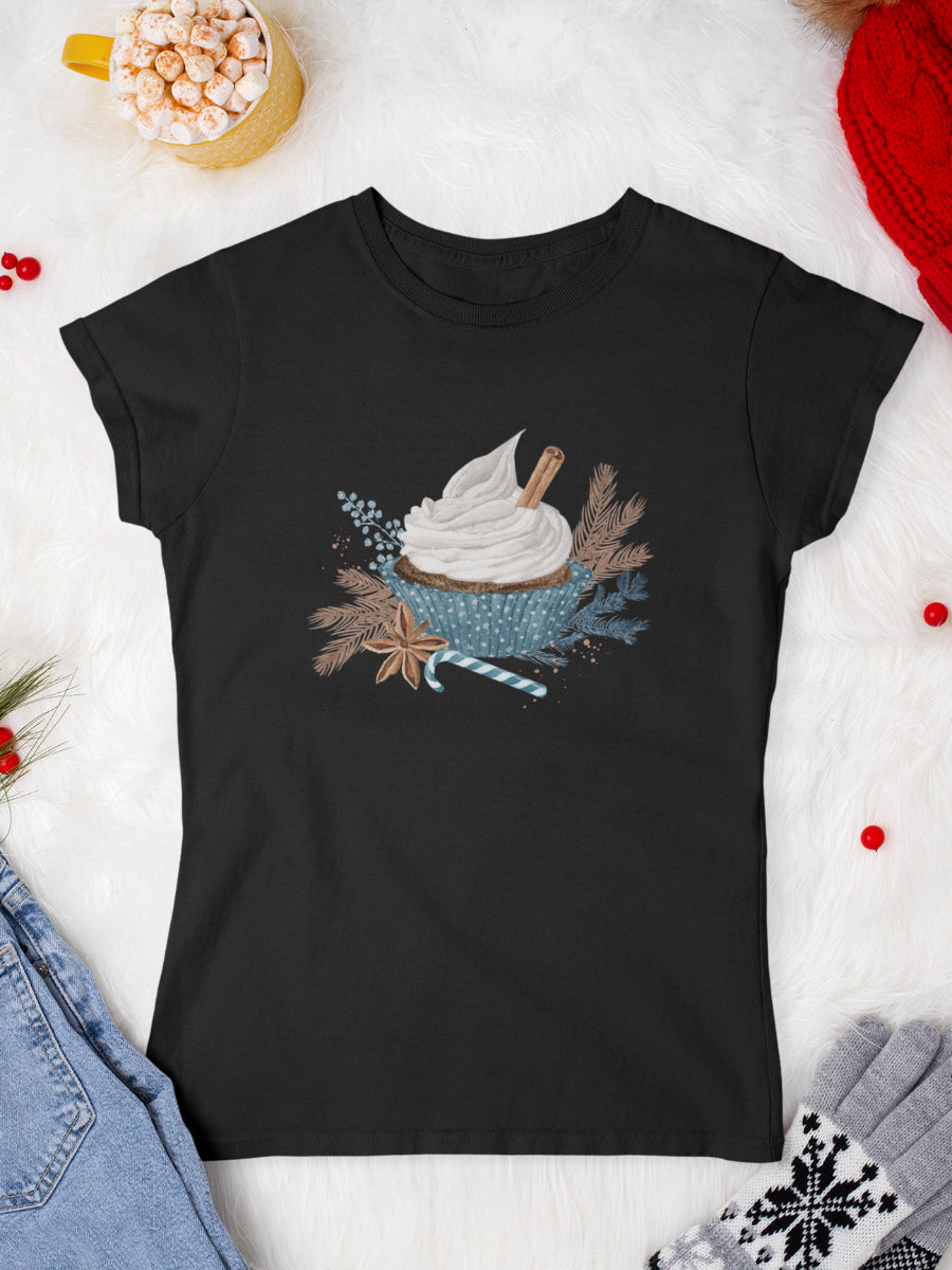 tricou_bumbac_organic_premium_vegan_cadou_Craciun_Secret_Santa_a-cupcake-for-Santa-negru-femei